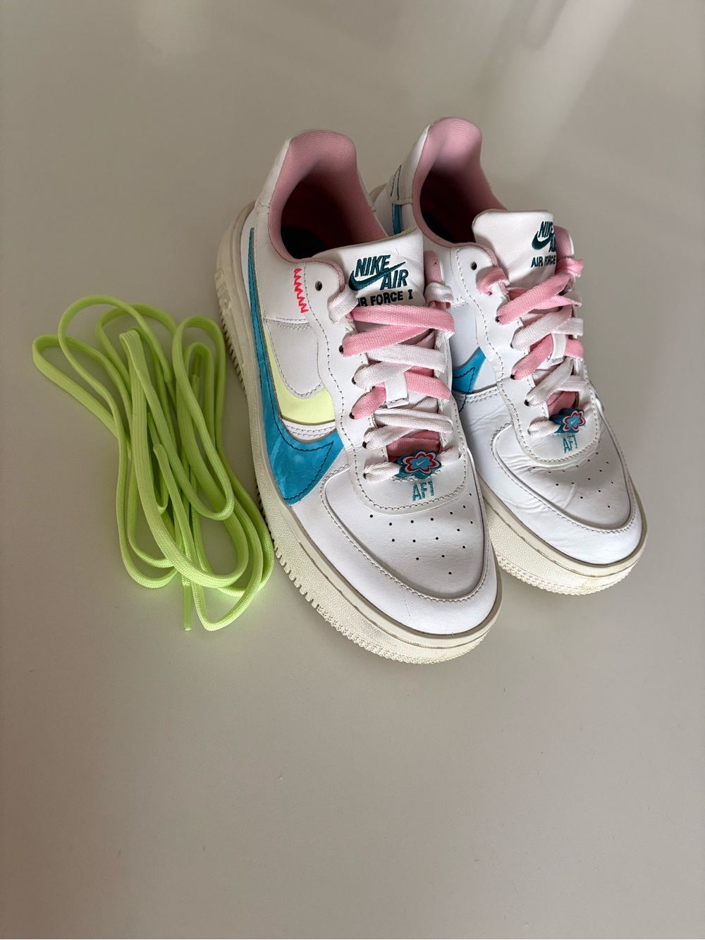 Nike Air Force 1s Platform with Blue, Pink & Neon Green Accents